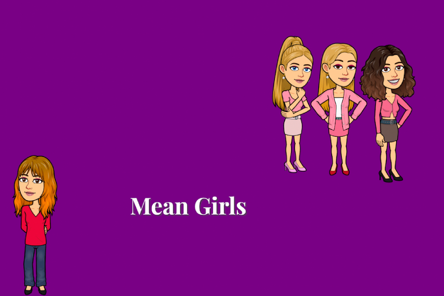 One ginger bitmoji representing Cady Heron in Mean Girls, and the three "Plastics" (fake group of friends) on the right side with the words Mean Girls in the lower middle.