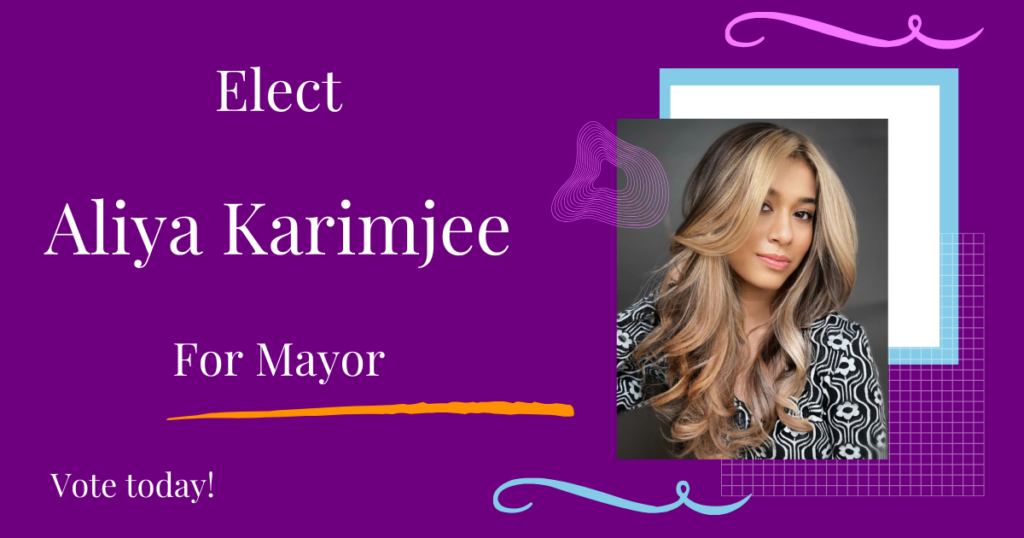 A colourful Facebook campaign inciting viewers to vote for a person to be Mayor.